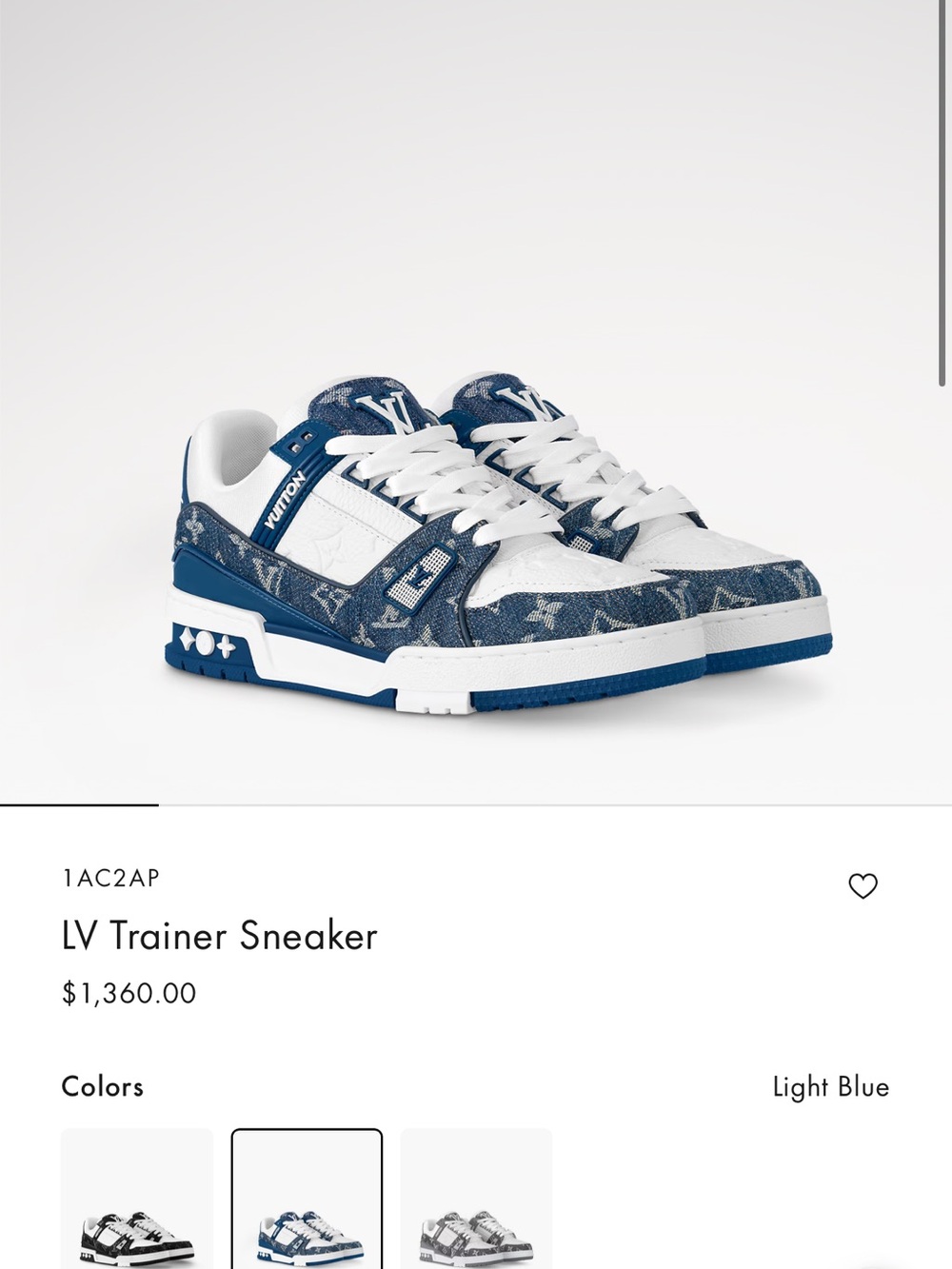Louis Vuitton Light Blue and White LV Trainer Sneaker